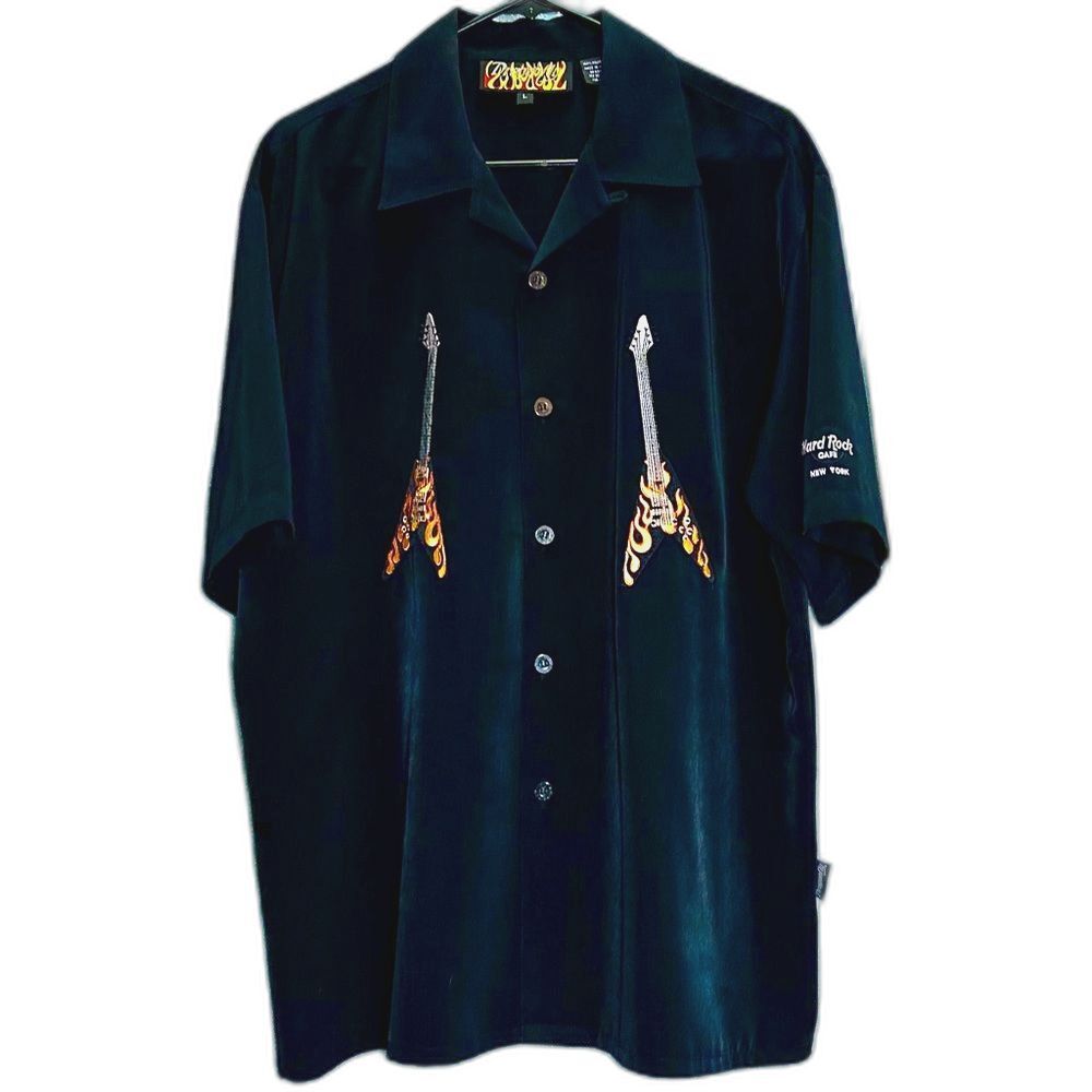 Hard Rock Cafe New York by Dragonfly Flaming Guitars Bowling Shirt Sz L